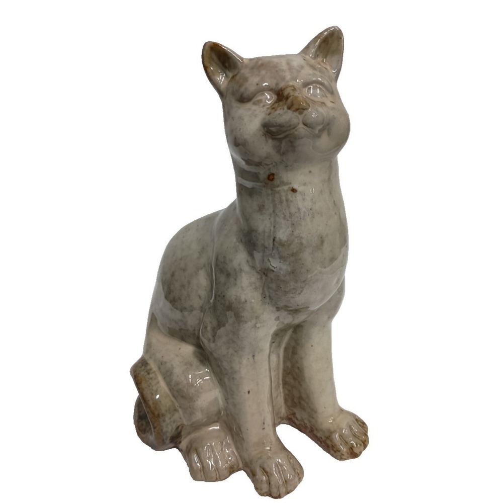 VTG Pottery Large Smiling Tall Cat‎ Sculpture Figurine Handmade Glazed Folk Art